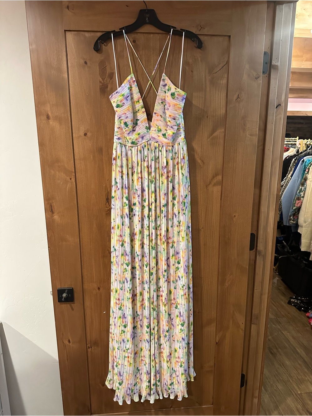 AMUR Pleated Floral Maxi Dress in Pastel Yellow, Pink and Green